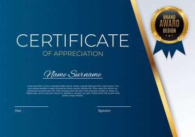 Mavi ve altın başarı sertifikası altın rozetli ve sınırlı bir arka plan belirlendi. Ödül diploması tasarımı boş. Vektör Illustration EPS10