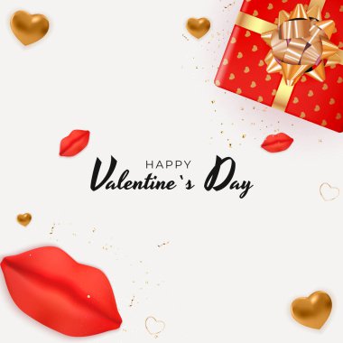 Gerçekçi dudakları ve kalpleri olan Sevgililer Günü Arkaplan Tasarımı reklam, web, sosyal medya ve moda reklamları için şablon. Poster, broşür, tebrik kartı. Vektör İllüstrasyonu