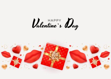 Gerçekçi Dudakları ve Kalbi olan Sevgililer Günü Arkaplan Tasarımı, hediye kutusu. Reklam, web, sosyal medya ve moda reklamları için şablon. Poster, broşür, tebrik kartı. Vektör İllüstrasyonu