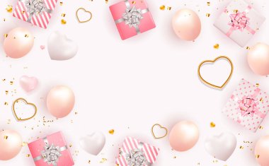 Gerçekçi hediye kutusu ve kalbi olan Sevgililer Günü Arkaplan Tasarımı. Reklam, web, sosyal medya ve moda reklamları için şablon. Poster, broşür, tebrik kartı. Vektör İllüstrasyonu