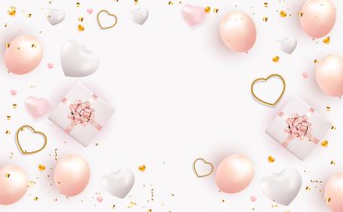 Gerçekçi hediye kutusu ve kalbi olan Sevgililer Günü Arkaplan Tasarımı. Reklam, web, sosyal medya ve moda reklamları için şablon. Poster, broşür, tebrik kartı. Vektör İllüstrasyonu