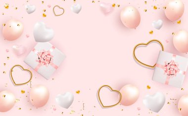 Gerçekçi hediye kutusu ve kalbi olan Sevgililer Günü Arkaplan Tasarımı. Reklam, web, sosyal medya ve moda reklamları için şablon. Poster, broşür, tebrik kartı. Vektör İllüstrasyonu