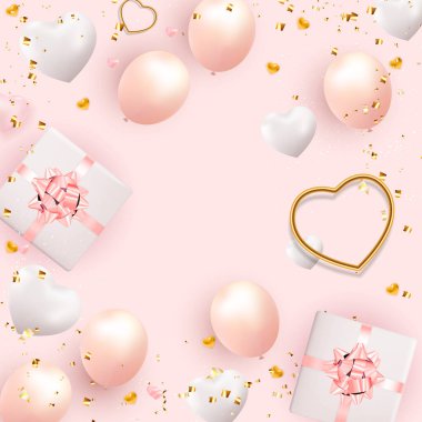 Gerçekçi hediye kutusu ve kalbi olan Sevgililer Günü Arkaplan Tasarımı. Reklam, web, sosyal medya ve moda reklamları için şablon. Poster, broşür, tebrik kartı. Vektör İllüstrasyonu