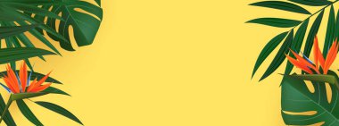 Strelitzia Flower Tropikal Arkaplanlı Doğal Gerçekçi Yeşil Palmiye Yaprağı. Vektör illüstrasyonu