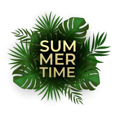 Doğal Gerçekçi Yeşil Palmiye Yaprağı Tropikal Arkaplan. Yaz Zamanı Konsepti. Reklam, web, sosyal medya ve moda reklamları için şablon. Vektör illüstrasyonu