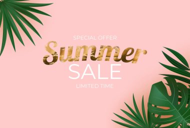 Doğal Gerçekçi Siyah ve Altın Palmiye Yaprağı Tropikal Arkaplan. Yaz Satışı Konsepti. Vektör illüstrasyonu