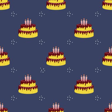 Sevimli Doğumgünü Kusursuz Kek ve Mumlarla Arkaplan. Parti Daveti İçin Tasarım Elemanı, tebrikler. Vektör İllüstrasyonu