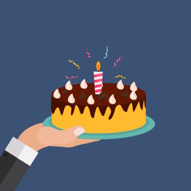 Pasta ve Mumlarla Düz El. Parti Daveti İçin Tasarım Elemanı, tebrikler. Vektör İllüstrasyonu