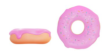 Gerçekçi 3D tatlı tatlı çörek ve pembe çilek kreması. Vektör illüstrasyonu