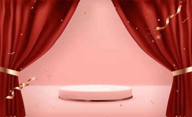 Pembe pastel üzerine gül altın kaidesi doğal arka plan ve açık perdeler. Kozmetik ürün sunumu için modaya uygun boş podyum gösterisi, moda dergisi. Uzay vektör illüstrasyonunu kopyala
