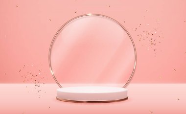 Pembe pastel arka planda altın cam çerçeveli 3D gül altın kaidesi. Kozmetik ürün sunumu için modaya uygun boş podyum gösterisi, moda dergisi. Uzay vektör illüstrasyonunu kopyala