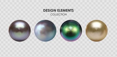 Şeffaf arkaplanda 3 boyutlu gerçekçi bir inci koleksiyonu var. Vektör İllüstrasyonu