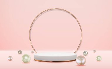 Pembe pastel arka plan üzerinde altın cam çerçeveli 3D arka kaide. Kozmetik ürün sunumu için modaya uygun boş podyum gösterisi, moda dergisi. Uzay vektör illüstrasyonunu kopyala