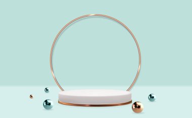 Gerçekçi 3d arka kaidesi pastel doğal arkaplan üzerinde. Kozmetik ürün sunumu için modaya uygun boş podyum gösterisi, moda dergisi. Uzay vektör illüstrasyonunu kopyala