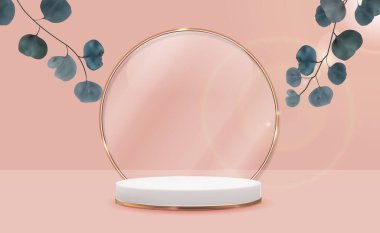 Okaliptüs yapraklı gerçekçi 3D altın kaide pastel doğal arka plan üzerinde. Kozmetik ürün sunumu için modaya uygun boş podyum gösterisi, moda dergisi. Uzay vektör illüstrasyonunu kopyala EPS10