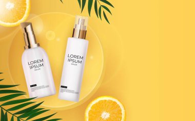 Güneşli Sarı Arkaplan 'da 3 boyutlu gerçekçi güneş koruma kremi şişesi. Palmiye yaprakları, turuncu ve podyum. Moda Kozmetik Ürünlerinin Tasarım Şablonu. Vektör Illustration EPS10