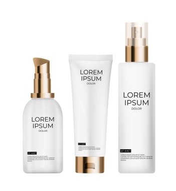 3 Boyutlu Gerçekçi Üç Kozmetik Krem Şablonu Moda Kozmetik Ürünleri Tasarım Şablonu beyaz arka planda izole edilmiş ilan, ilan, afiş veya dergi. Vektör Görünümü EPS10