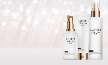 3D Gerçekçi Gül Pastel Krem Şişe Parlak Bokeh ışık arka planına ayarlı. Moda Kozmetik Ürünleri Tasarım Şablonu Reklam, Broşür veya Dergi Arkaplanı. Vektör Illustration EPS10