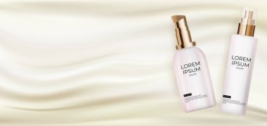 Reklamlar, afişler veya dergi geçmişi için İnci Tasarım Moda Kozmetik Ürünleri Şablonu ile Beyaz İpek Üzerine 3 boyutlu Gerçekçi Krem Şablonu. Vektör Görünümü EPS10