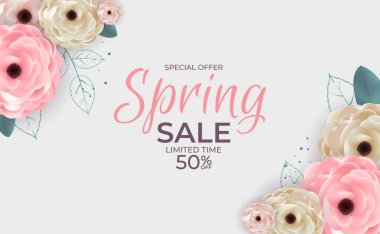 Güzellik Baharı Özel Arkaplan Satışı Posteri Doğal Çiçekler ve Yapraklar Şablonu. Vektör Illustration EPS10