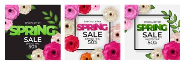 Bahar Doğal Özel Satış Arkaplan Koleksiyon Posteri Çiçekleri ve Yapraklar Şablonu. Vektör Illustration EPS10