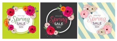 Bahar Güzeli Doğal Satış Arkaplanı Poster Çiçekleri ve Yaprakları Şablonu. Vektör Illustration EPS10