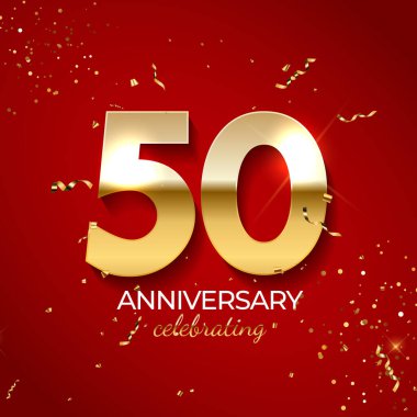 Yıldönümü kutlaması dekorasyonu. Konfetileri, parıltıları ve kırmızı arka planda şeritleri olan 50 numaralı altın. Vektör illüstrasyonu EPS10