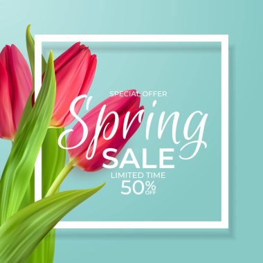 Çerçeveli gerçekçi Pembe Lale Çiçekli Bahar Satışı Mavi Şablon Arkaplanı. Vektör Illustration EPS10