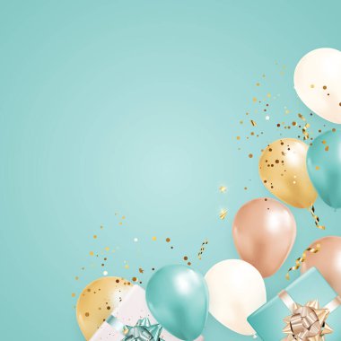 Parti Mavi Tatil Arkaplanı, balonlar ve konfetilerle. Vektör Illustration EPS10