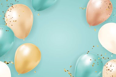 Balonlu, kurdeleli ve konfetili Soyut Parti Tatil Geçmişi. Vektör İllüstrasyonu