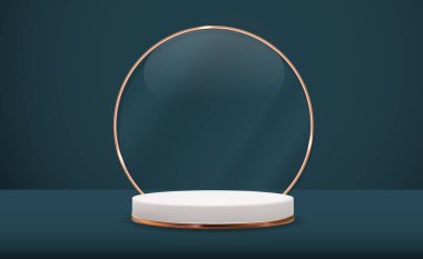 Koyu arkaplan üzerinde gerçekçi 3 boyutlu kaide. Moda dergisi, kozmetik ürün tanıtımı için son moda boş podyum gösterisi. Uzay vektör illüstrasyonunu kopyala EPS10