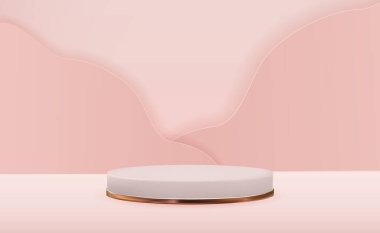 Pembe modaya göre gerçekçi 3 boyutlu kaide. Kozmetik ürün tanıtımı için boş podyum, moda dergisi. Uzay vektör illüstrasyonunu kopyala EPS10