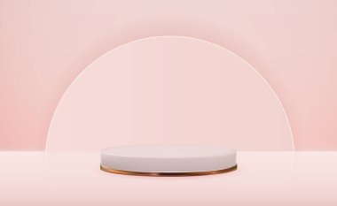 Pembe arka planda altın yüzüğü olan gerçekçi 3D kaidesi. Moda dergisi, kozmetik ürün tanıtımı için son moda boş podyum gösterisi. Uzay vektör illüstrasyonunu kopyala EPS10