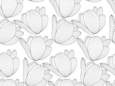 Çizgili siyah beyaz lale çizilmiş bir resim. Kusursuz desen yatay ve dikey olarak. Vektör İllüstrasyonu. EPS10