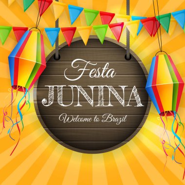 Parti Bayraklı Festa Junina Geçmişi, Fener. Brezilya Haziran Festivali Kutlama Kartı, Tatil Davetiyesi. Vektör Illustration EPS10