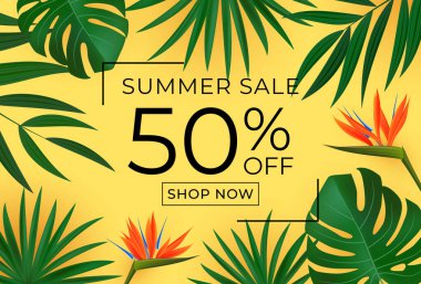 Yaz satışı posteri. Tropikal Palm ve Monstera Leaves ile Doğal Arka plan. Vektör Illustration EPS10