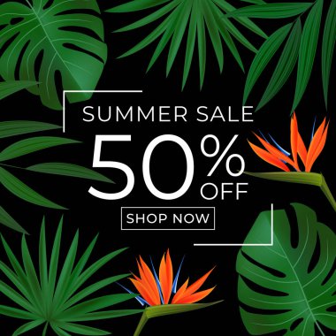 Yaz satışı posteri. Tropikal Palm ve Monstera Leaves ile Doğal Arka plan. Vektör Illustration EPS10