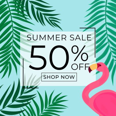 Palmiye yaprakları ve flamingolu soyut yaz arkaplanı. Vektör Illustration EPS10
