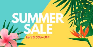 Yaz satışı posteri. Tropikal Palmiye ve Canavar Yaprakları ile Doğal Arka plan, egzotik çiçek. Vektör Illustration EPS10