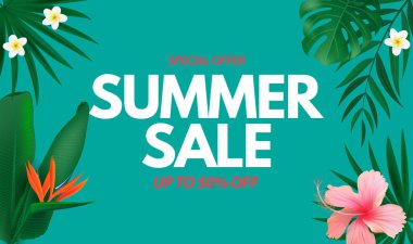 Yaz satışı posteri. Tropikal Palmiye ve Canavar Yaprakları ile Doğal Arka plan, egzotik çiçek. Vektör Illustration EPS10