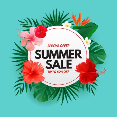 Yaz satışı posteri. Tropikal Palmiye ve Canavar Yaprakları ile Doğal Arka plan, egzotik çiçek. Vektör Illustration EPS10