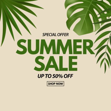 Yaz satışı posteri. Tropikal Palmiye ve Canavar Yaprakları ile Doğal Arka plan, egzotik çiçek. Vektör İllüstrasyonu