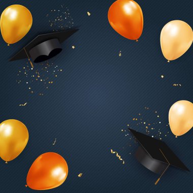 Mezuniyet partisi mavi arka planında mezuniyet şapkası ve konfetiyle. Vektör İllüstrasyonu