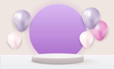 Gerçekçi 3 boyutlu beyaz kaideyi ışık pastel arka planına, balonlu. Kozmetik ürün sunumu için modaya uygun boş podyum gösterisi, moda dergisi. Uzay vektör illüstrasyonunu kopyala