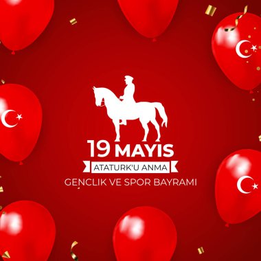 19 Mayıs 'ta Atatürk, gençlik ve spor günü Türkçe konuşma: 19 mayis Ataturku anma, genclik ve spor bayrami. Türk bayramı tebrik kartı. Vektör İllüstrasyonu