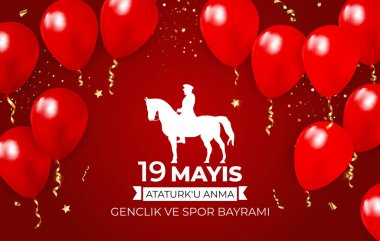 19 Mayıs 'ta Atatürk, gençlik ve spor günü Türkçe konuşma: 19 mayis Ataturku anma, genclik ve spor bayrami. Türk bayramı tebrik kartı. Vektör İllüstrasyonu