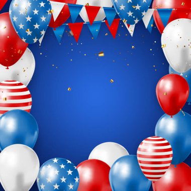 Amerikan Bayrağının Renkli Balonları ile Soyut Boş ABD Tatil Partisi Geçmişi. Poster ya da tebrik kartı olarak kullanılabilir. Vektör İllüstrasyonu