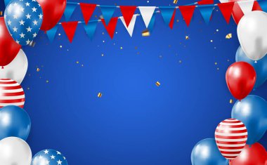 Amerikan Bayrağının Renkli Balonları ile Soyut Boş ABD Tatil Partisi Geçmişi. Poster ya da tebrik kartı olarak kullanılabilir. Vektör İllüstrasyonu