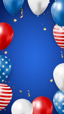 Amerikan Bayrağının Renkli Balonları ile Soyut Boş ABD Tatil Partisi Geçmişi. Poster, Tebrik Kartı, Hikayeler olarak kullanılabilir. Vektör İllüstrasyonu