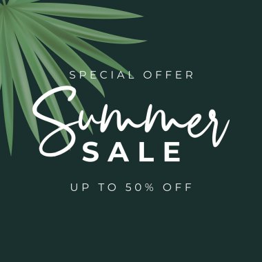 Yaz satışı posteri. Tropikal Palm Leaves ile Doğal Arka plan. Vektör İllüstrasyonu